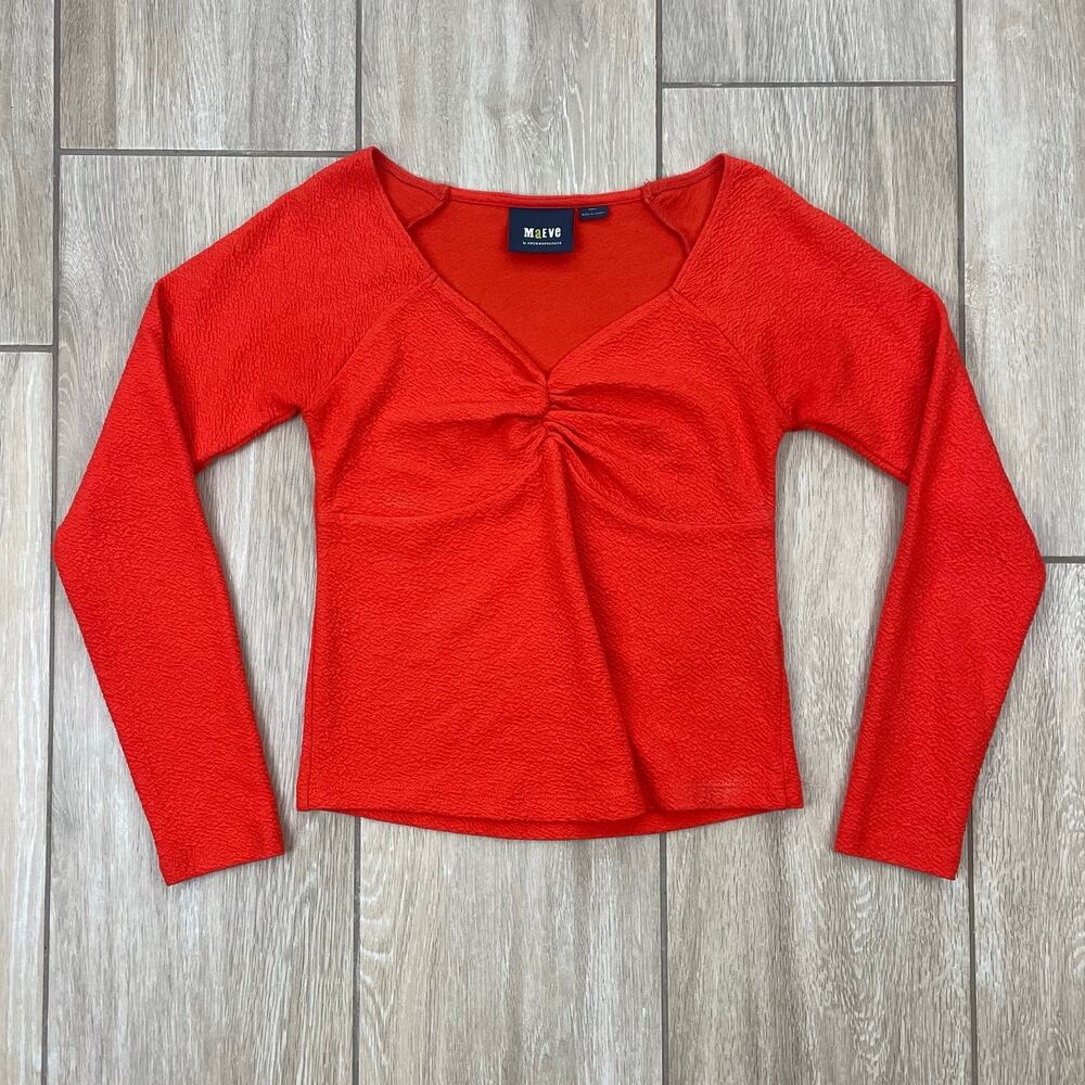 Maeve Anthropologie Ruched Top Womens S Orange Red Textured Long Sleeve